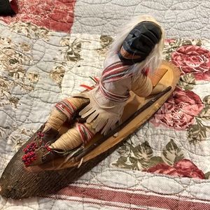 Native American Inuit woven beaded carved figure doll wood